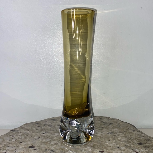 Mid 20th Century Bo Borgstrom Finnish Riihimaki Amber Glass Bud Vase 10” - Picture 2 of 15